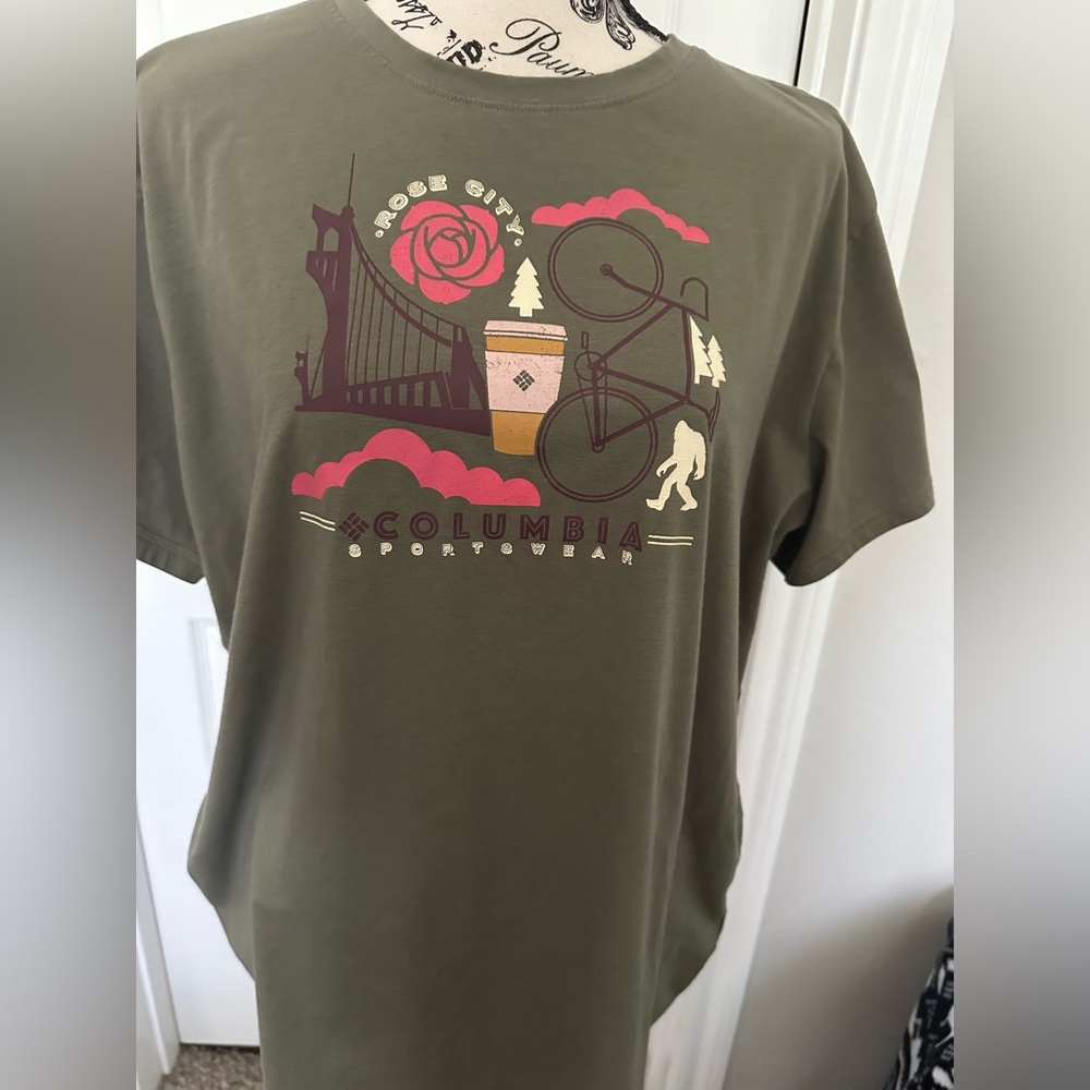 Columbia Green Graphic Tee with Pink Accents